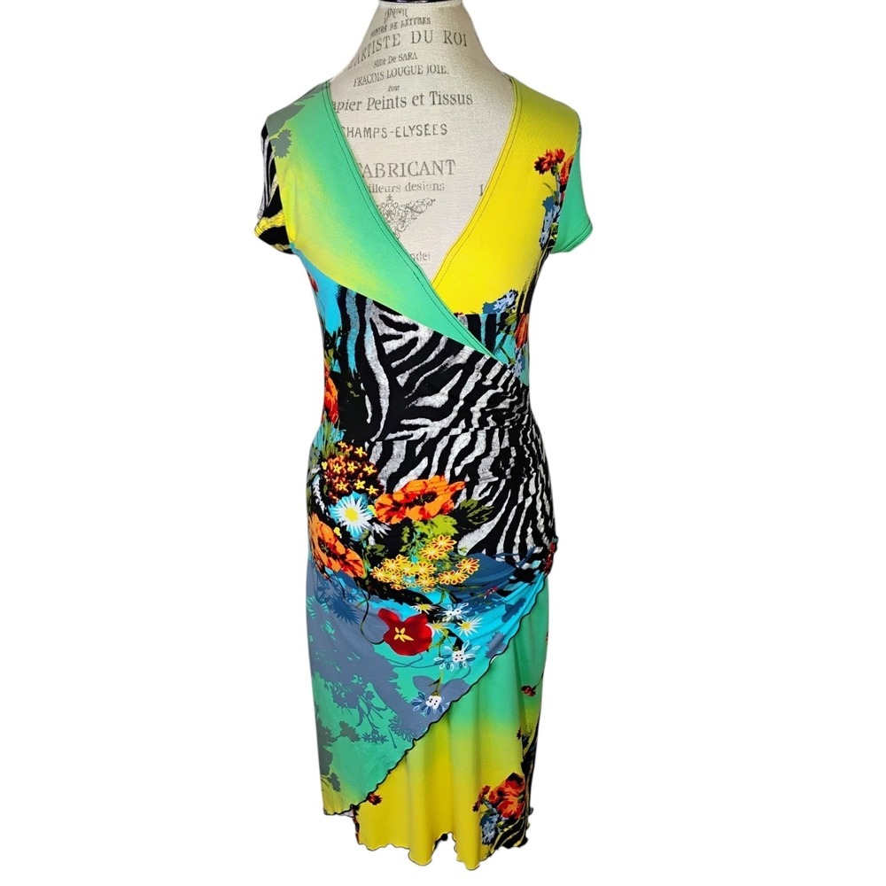 Joseph Ribkoff Faux Wrap Dress Womens 4 Floral Animal Print V-Neck Ruched Artsy